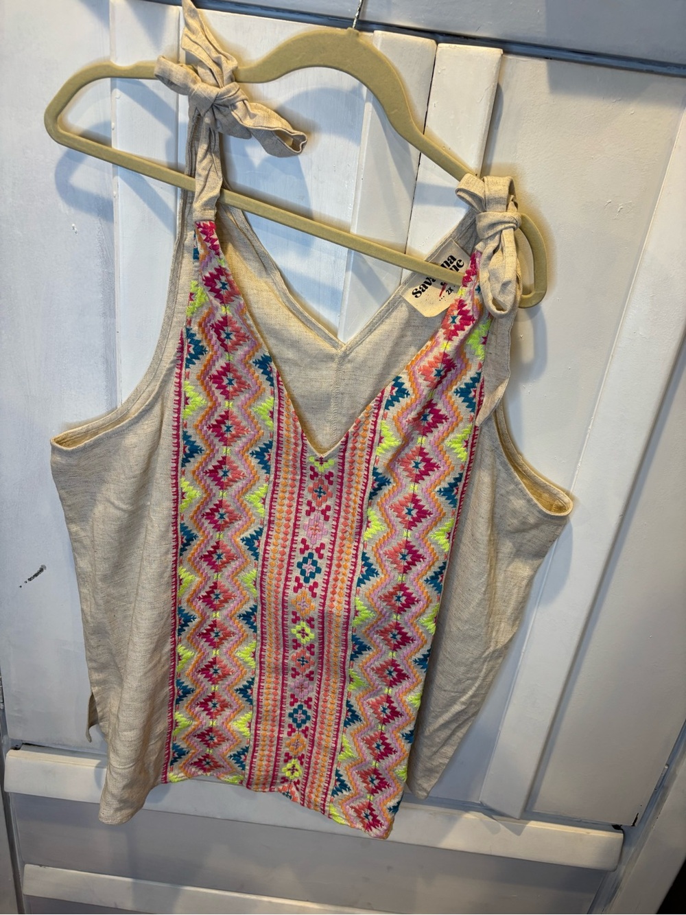 Savanna Jane Beige Tie-Shoulder Tank with Multicolor Embroidered Panel